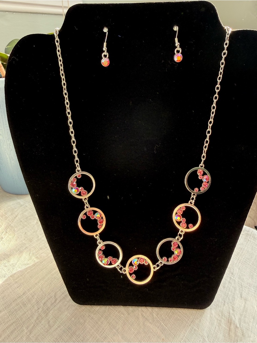 Silver-Tone Pink Crystal Circle Link Necklace & Earrings Set